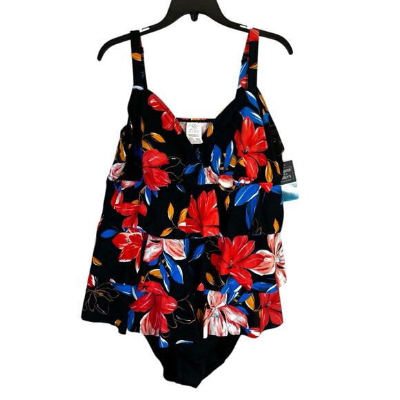 Swim Solutions Tiered Floral One Piece swimsuit black multicolor - 20W - Picture 3 of 15